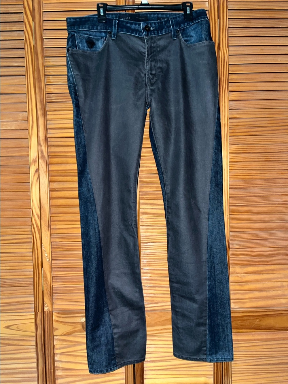 GUESS Mixed Media Two-Tone Paneled Coated Jeans - Size 34 Slim Straight